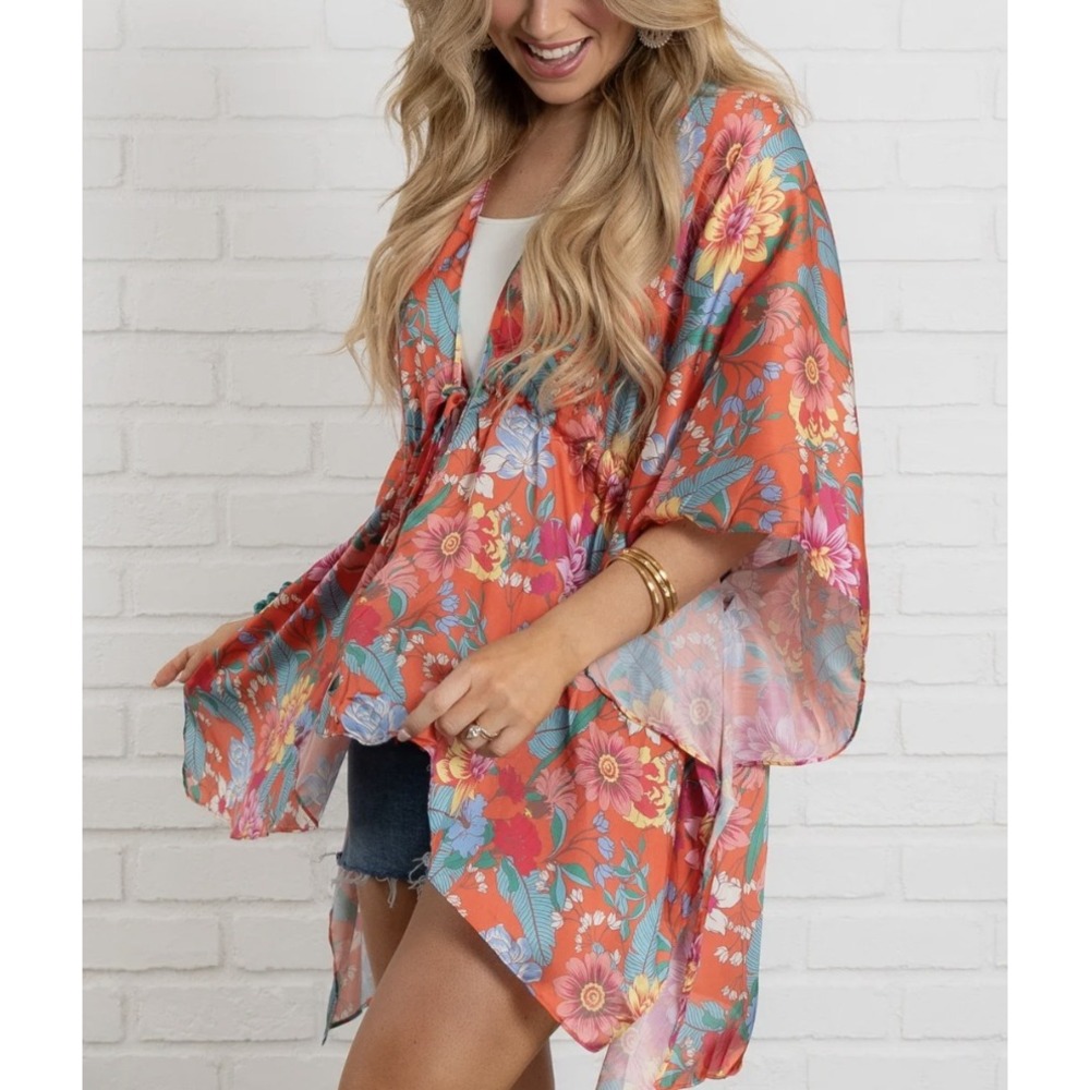 Umgee Floral Kimono Cardigan Orange Boho Open Front Size M